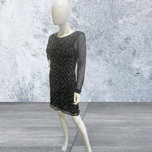 Aidan Mattox Long Sheer Sleeve Beaded Short Black Dress - Picture 2 of 7